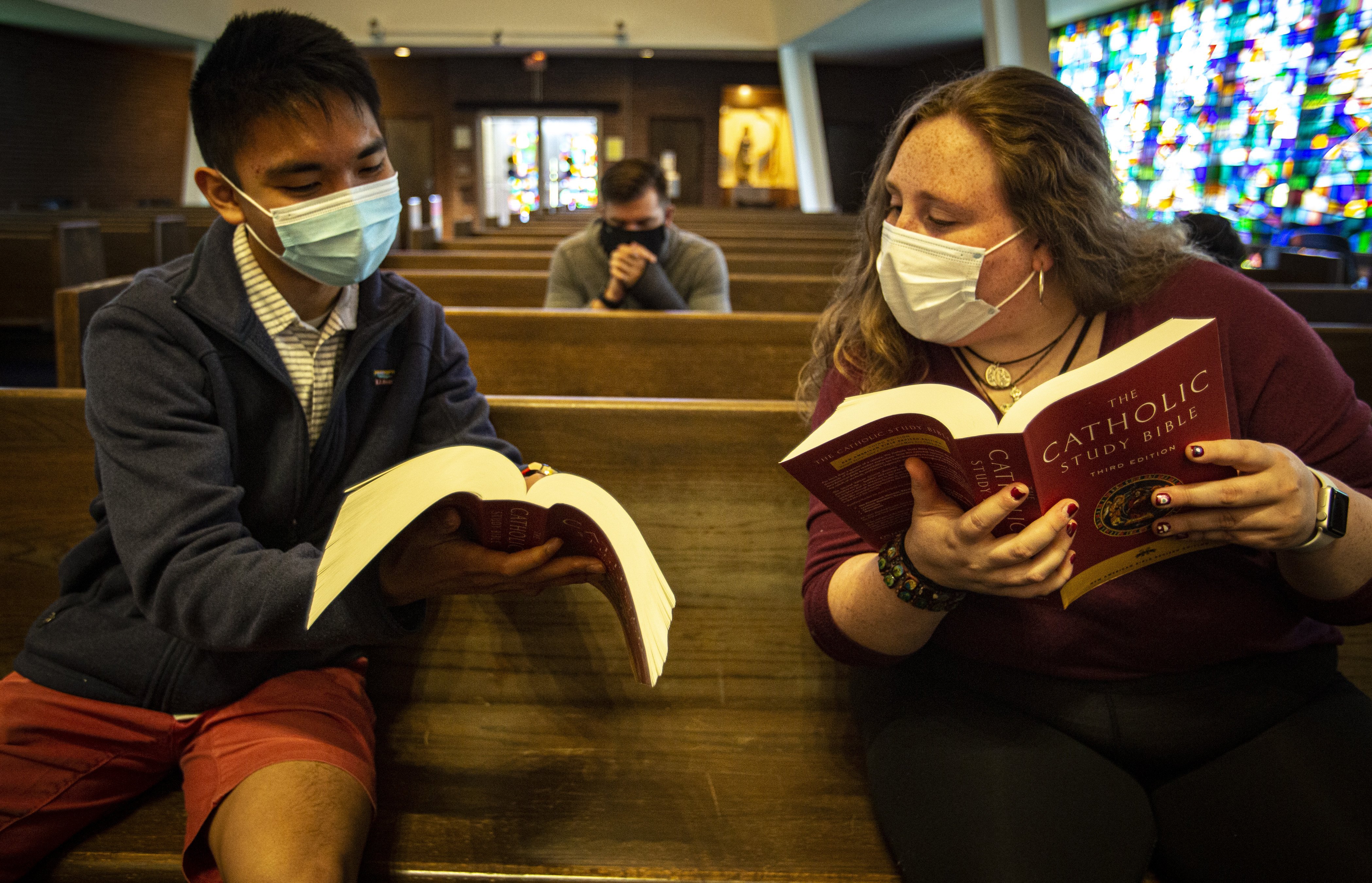 Students at DeSales University in Center Valley, Pa., share in what they are reading in the Bible May 13, 2021, in Connelly Chapel on the Catholic college's campus. (CNS photo/Chaz Muth)