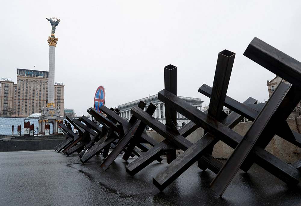 Anti-tank obstacles are seen at a checkpoint in Independence Square March 3, 2022, in central Kyiv, Ukraine, as Russia's invasion of Ukraine continues. (CNS/Reuters/Valentyn Ogirenko) Anti-tank obstacles are seen at a checkpoint in Independence Square March 3, 2022, in central Kyiv, Ukraine, as Russia's invasion of Ukraine continues. (CNS/Reuters/Valentyn Ogirenko)