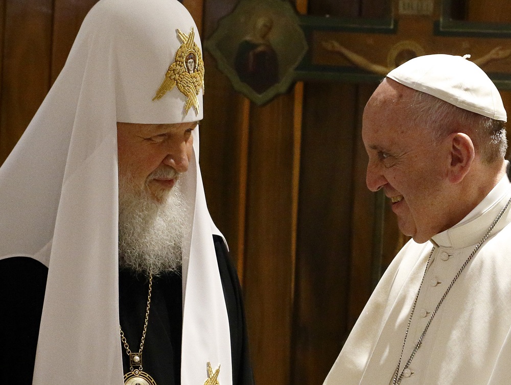 Russian Orthodox Patriarch Kirill of Moscow and Pope Francis smile during a meeting at Jose Marti International Airport in Havana in this Feb. 12, 2016, photo. (CNS/Paul Haring) Russian Orthodox Patriarch Kirill of Moscow and Pope Francis smile during a meeting at Jose Marti International Airport in Havana in this Feb. 12, 2016, photo. (CNS/Paul Haring)