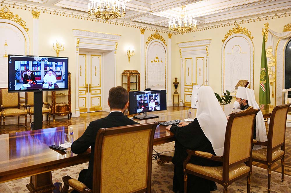 Russian Orthodox Patriarch Kirill of Moscow and Metropolitan Hilarion of Volokolamsk, head of external relations for the Russian Orthodox Church, participate in a video meeting with Pope Francis and Swiss Cardinal Kurt Koch