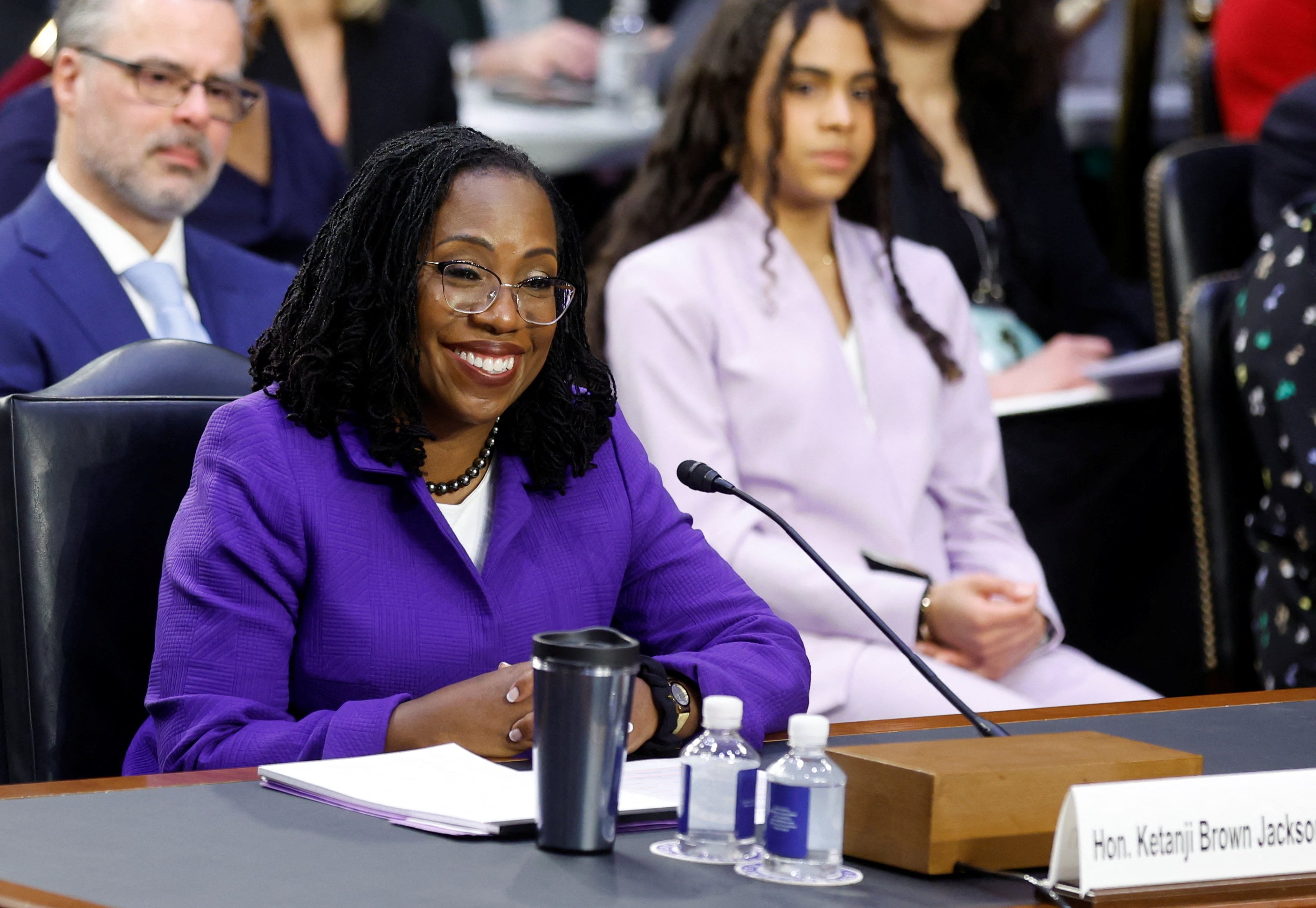 Supreme Court nominee Ketanji Brown Jackson, a federal appeals court judge, smiles as she listens to the start of the U.S. Senate Judiciary Committee confirmation hearing on her nomination to the U.S. Supreme Court on Capitol Hill in Washington March 21, 