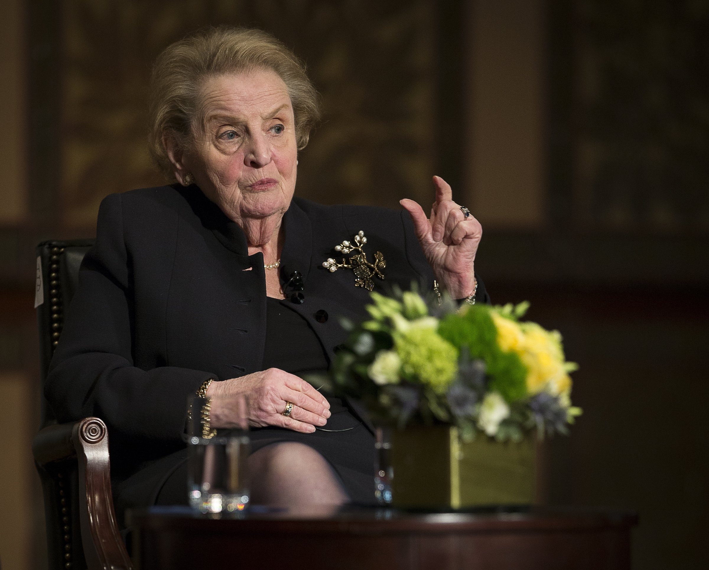 Former U.S. Secretary of State Madeleine Albright answers questions from Georgetown University students in Washington April 7, 2016. (CNS photo/Tyler Orsburn)