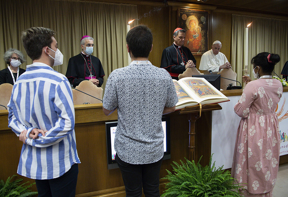 Pope Francis leads a meeting with cardinals, bishops, priests, religious and laypeople from around the world in the Synod Hall Oct. 9, 2021, at the Vatican. (CNS/Paul Haring) Pope Francis leads a meeting with cardinals, bishops, priests, religious and laypeople from around the world in the Synod Hall Oct. 9, 2021, at the Vatican. (CNS/Paul Haring)