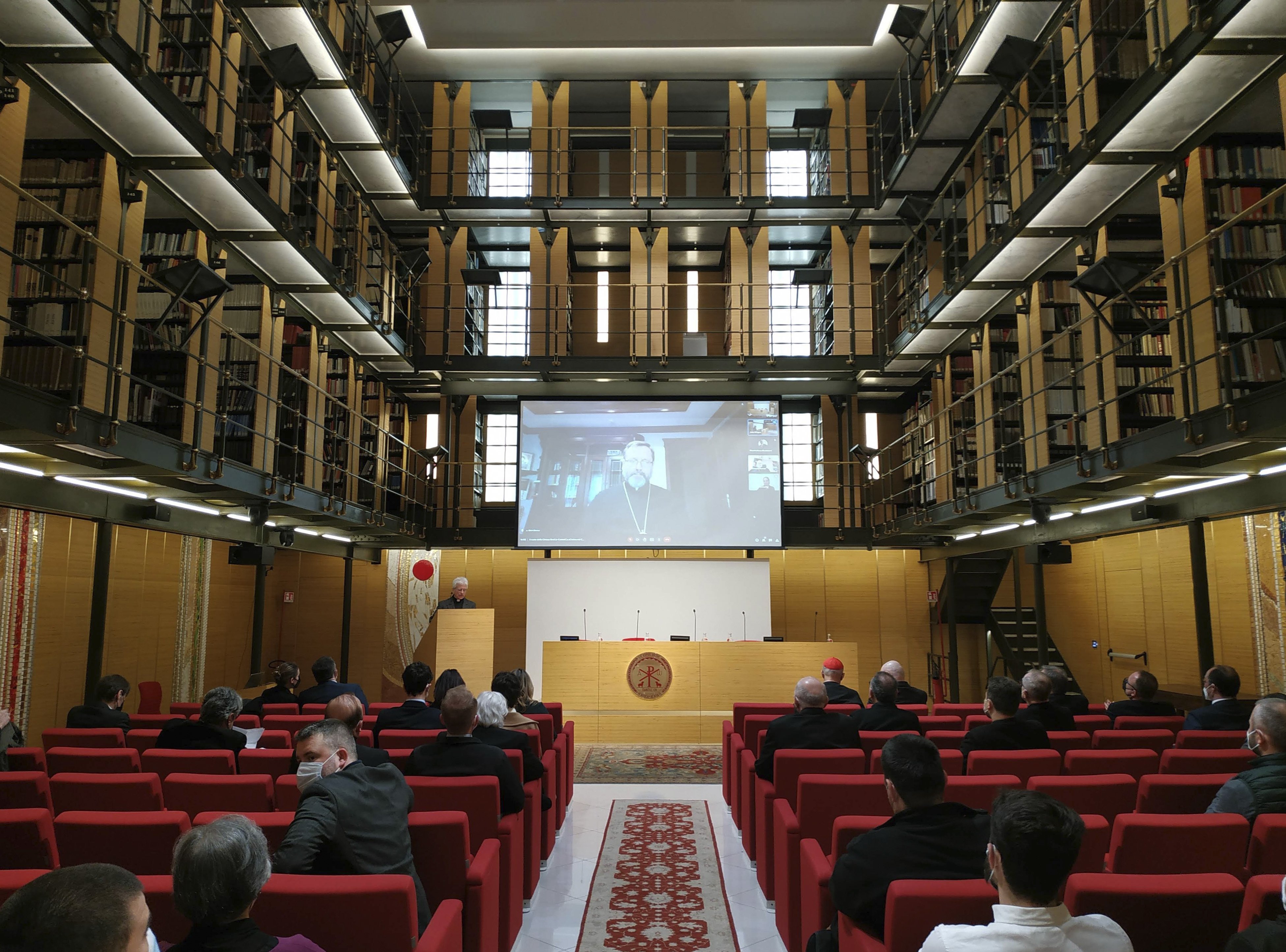 Archbishop Sviatoslav Shevchuk of Kyiv-Halych, major archbishop of the Ukrainian Catholic Church, speaks from Ukraine via video link to a conference at the Pontifical Oriental Institute in Rome March 29, 2022. (CNS photo/courtesy Pontifical Oriental Insti