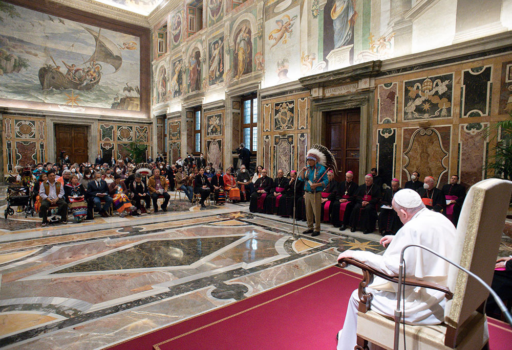 Pope Francis meets with with Indigenous elders, knowledge keepers, abuse survivors and youth from Canada, along with representatives of Canada's Catholic bishops in the Vatican's Clementine Hall April 1. (CNS/Vatican Media) Pope Francis meets with with Indigenous elders, knowledge keepers, abuse survivors and youth from Canada, along with representatives of Canada's Catholic bishops in the Vatican's Clementine Hall April 1. (CNS/Vatican Media)