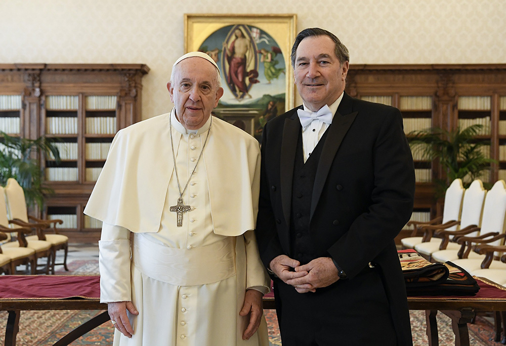 Pope Francis is pictured with Joe Donnelly, new U.S. ambassador to the Holy See, during a meeting for the ambassador to present his letters of credential, April 11 at the Vatican. (CNS/Vatican Media)