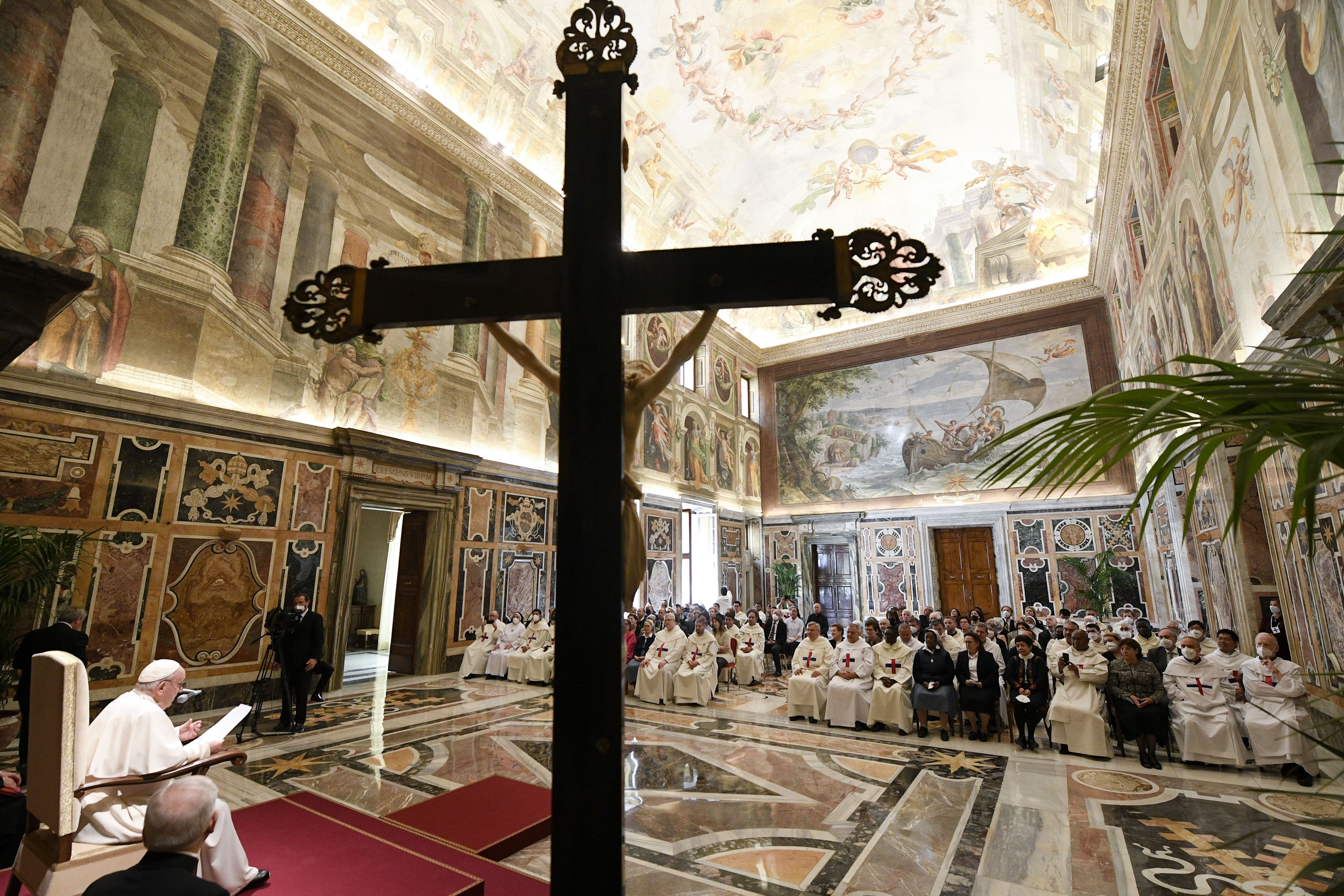 Pope Francis speaks during an audience with members of the Trinitarian order in the Apostolic Palace at the Vatican April 25, 2022. (CNS photo/Vatican Media)