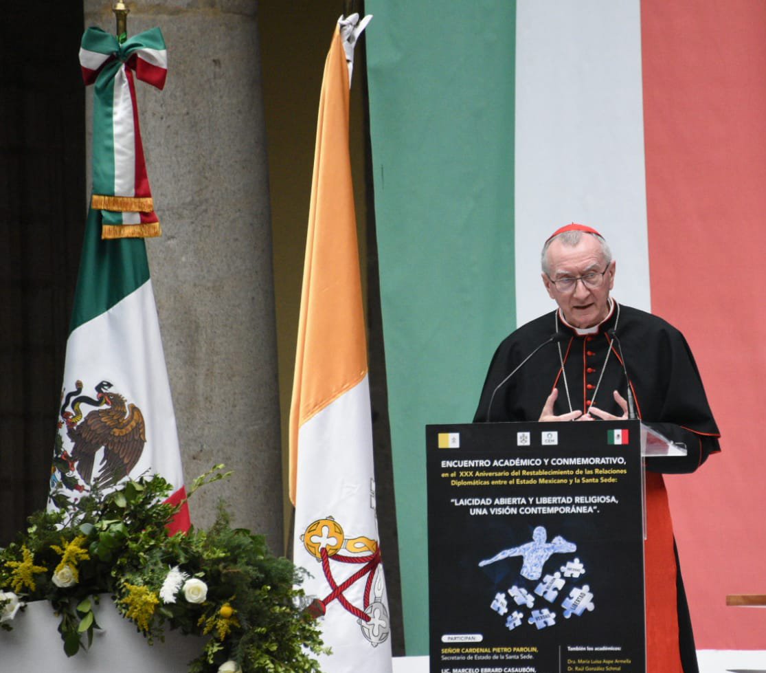 Cardinal Pietro Parolin, Vatican secretary of state, speaks during a visit to Mexico City April 26, 2022, to mark 30th anniversary of diplomatic ties with the country. (CNS photo/foreign relations secretary)