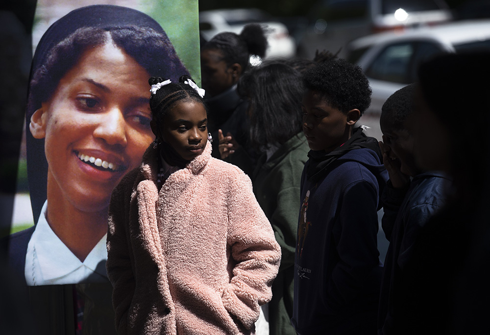 Students from St. Anthony Catholic School in Washington attend the dedication and blessing of Sister Thea Bowman Drive at The Catholic University of America April 29. (CNS/Tyler Orsburn)