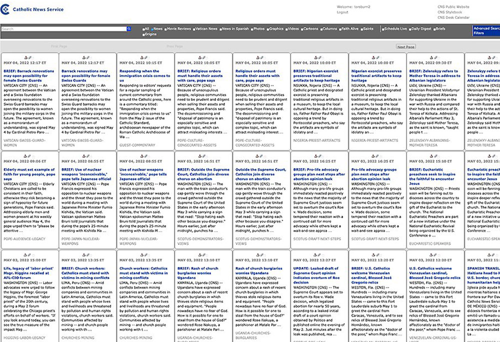 This is a screen grab of Catholic News Service's news page May 4. (CNS)
