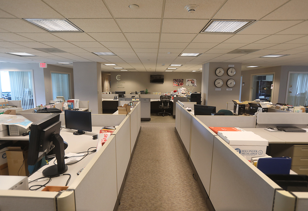 An empty Catholic News Service newsroom is pictured at the headquarters of the U.S. Conference of Catholic Bishops May 4 in Washington. (CNS/Bob Roller)