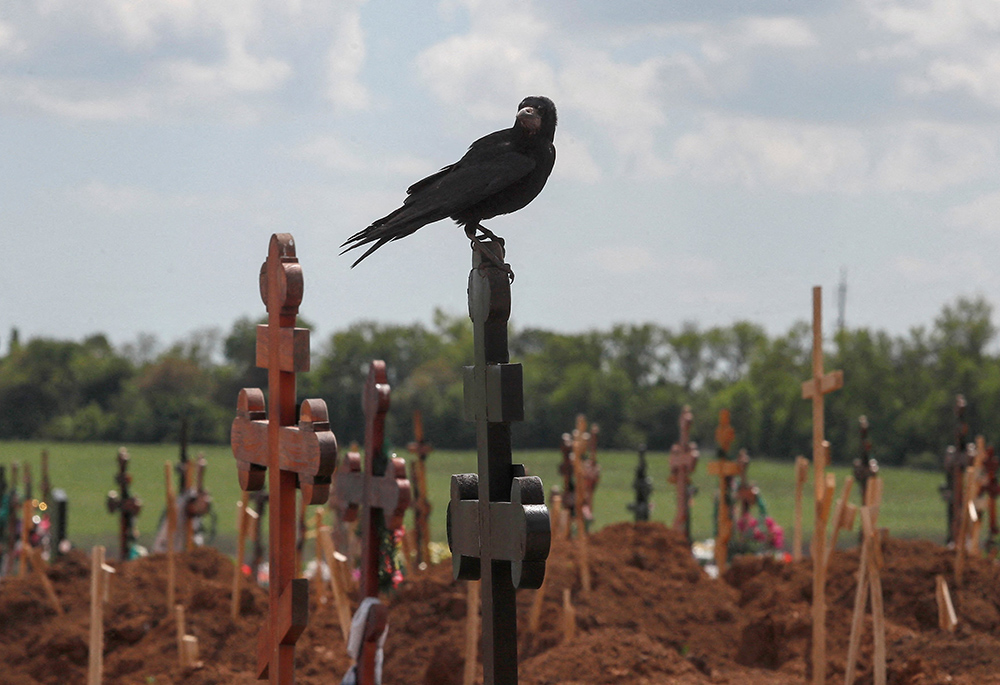 A bird sits on a cross amid newly made graves at a cemetery May 15 near Mariupol, Ukraine, during the Ukraine-Russia conflict. (CNS/Reuters/Alexander Ermochenko)