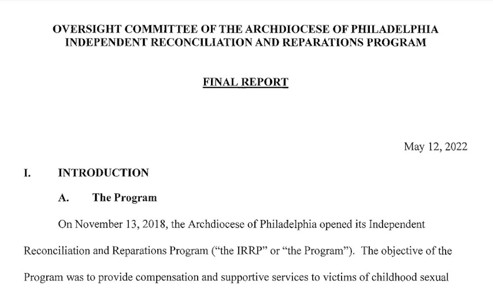 This is the front page of a final report released June 2 by the Independent Reconciliation and Reparations Program in the Philadelphia Archdiocese. (CNS screengrab/Courtesy of CatholicPhilly.com)