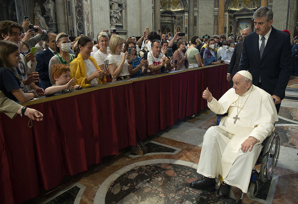 Pope Francis greets people after participating in Mass for the feast of Pentecost in St. Peter's Basilica June 5 at the Vatican. (CNS/Vatican Media) Pope Francis greets people after participating in Mass for the feast of Pentecost in St. Peter's Basilica June 5 at the Vatican. (CNS/Vatican Media)