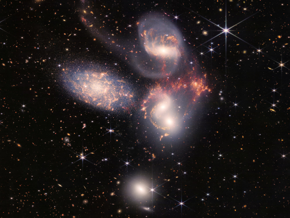 NASA's James Webb Space Telescope reveals Stephan's Quintet in a new light. This enormous mosaic is Webb's largest image to date, covering about one-fifth of the moon's diameter. (RNS/NASA, ESA, CSA and STScI)