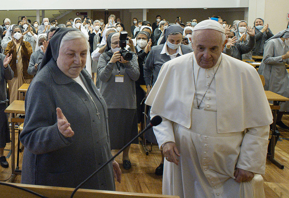 Sr. Yvonne Reungoat, then superior of the Salesian Sisters, is pictured with Pope Francis during a meeting with members of the order in Rome in this Oct. 22, 2021, file photo. (CNS/Vatican Media) Sr. Yvonne Reungoat, then superior of the Salesian Sisters, is pictured with Pope Francis during a meeting with members of the order in Rome in this Oct. 22, 2021, file photo. (CNS/Vatican Media)