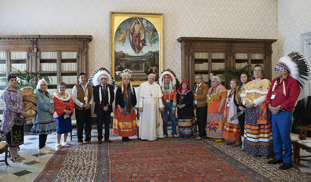 Pope Francis is pictured with Indigenous delegates from Canada's First Nations during a meeting at the Vatican March 31. (CNS/Vatican Media)