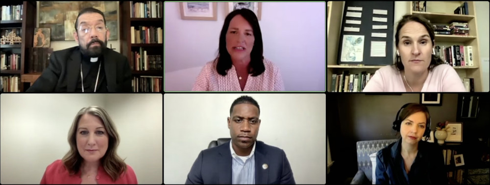 This combination photo shows the participants in Georgetown University's online dialogue July 14, 2022, on "The Consistent Ethic of Life after Dobbs: Directions and Challenges." (CNS screenshot/Georgetown University)