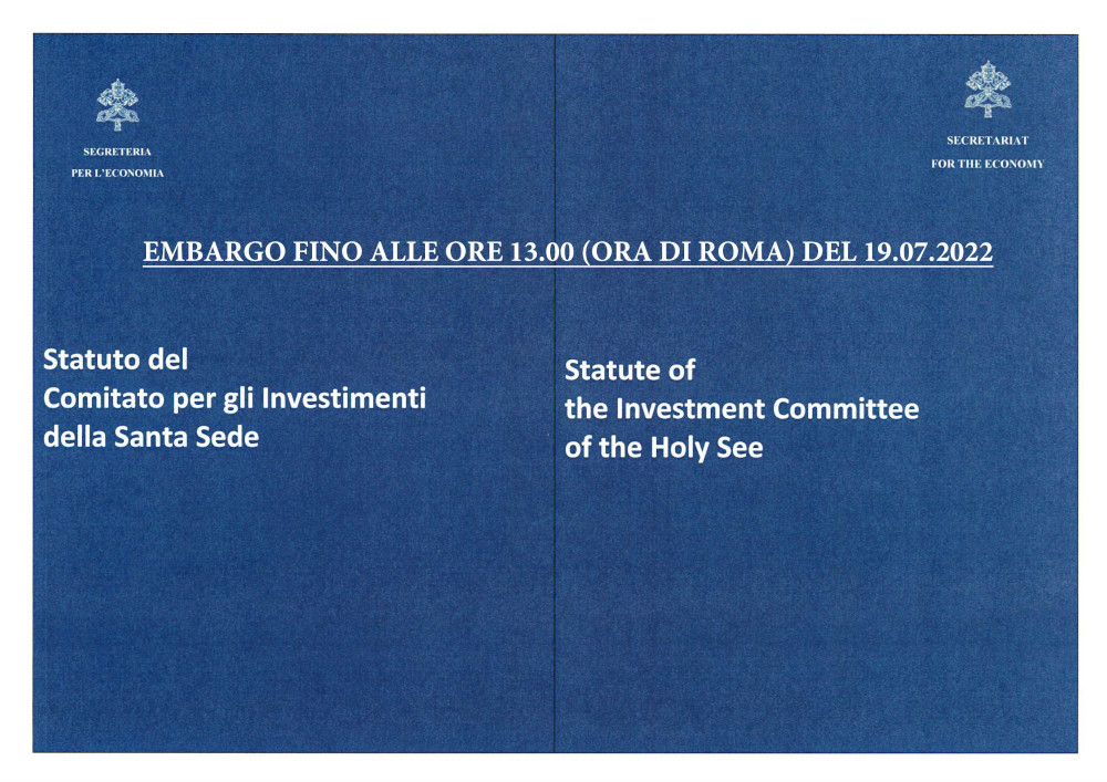 This is the cover of a document released by the Investment Committee of the Holy See July 19, 2022, with new statutes and policies governing Vatican investments. (CNS photo/courtesy Holy See Press Office)