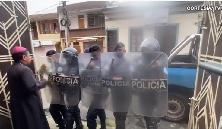 Bishop Rolando José Álvarez of Matagalpa, Nicaragua, is pictured in a screenshot from video at his residence in Matagalpa as riot police block the door. 