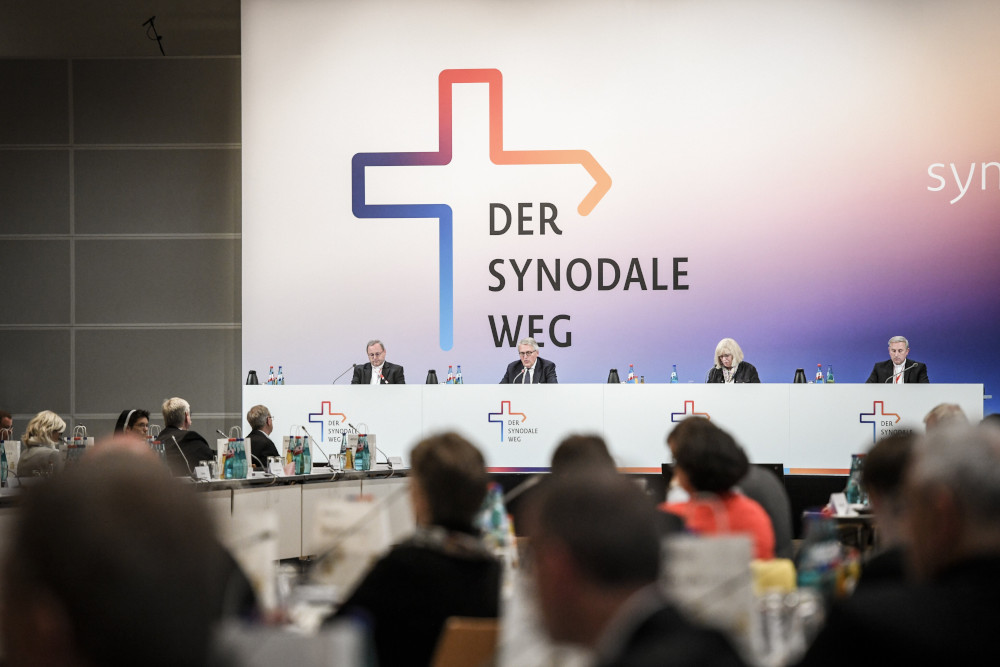 Leaders of the second Synodal Assembly are pictured during its opening session in Frankfurt, Germany, in this Sept. 30, 2021, file photo.