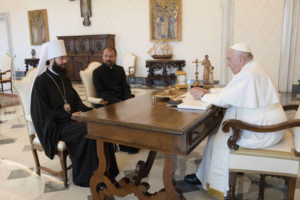 Pope Francis talks with Metropolitan Anthony of Volokolamsk, left, head of external relations for the Russian Orthodox Church, at the Vatican in this Aug. 5, 2022, file photo. 