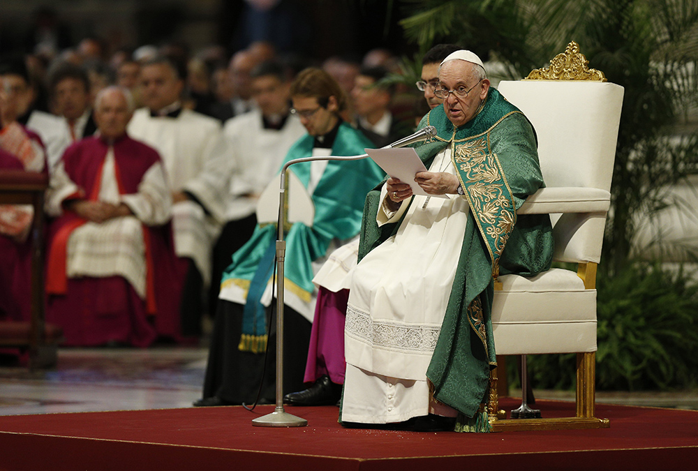 Pope Francis gives the homily during a Mass with new cardinals in St. Peter's Basilica Aug. 30 at the Vatican. (CNS/Paul Haring)