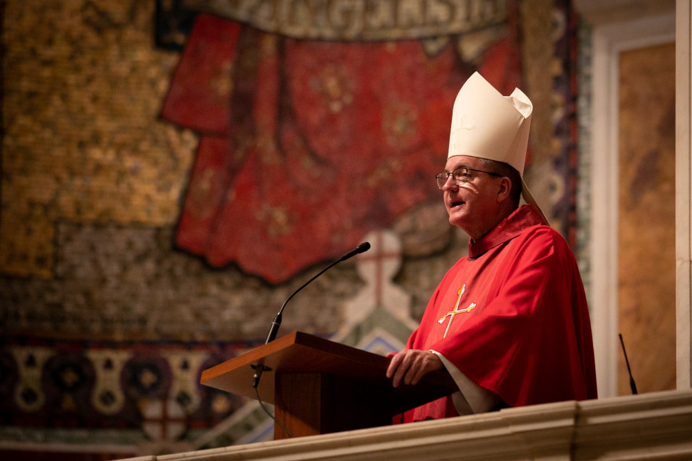 Bishop John O. Barres of Rockville Centre, N.Y., delivers the homily at the 70th annual Red Mass at the Cathedral of St. Matthew the Apostle in Washington Oct. 2, 2022