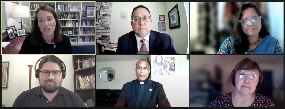 Pictured are participants in an Oct. 5, 2022, Georgetown University webinar titled "Neglected Voices in the Clergy Sexual Abuse Crisis." Kim Daniels, Deacon Bernie Nojadera and Dr. Deborah Rodriguez,Maka Black Elk, Fr. Bryan Massingale, and Elsie Boudreau