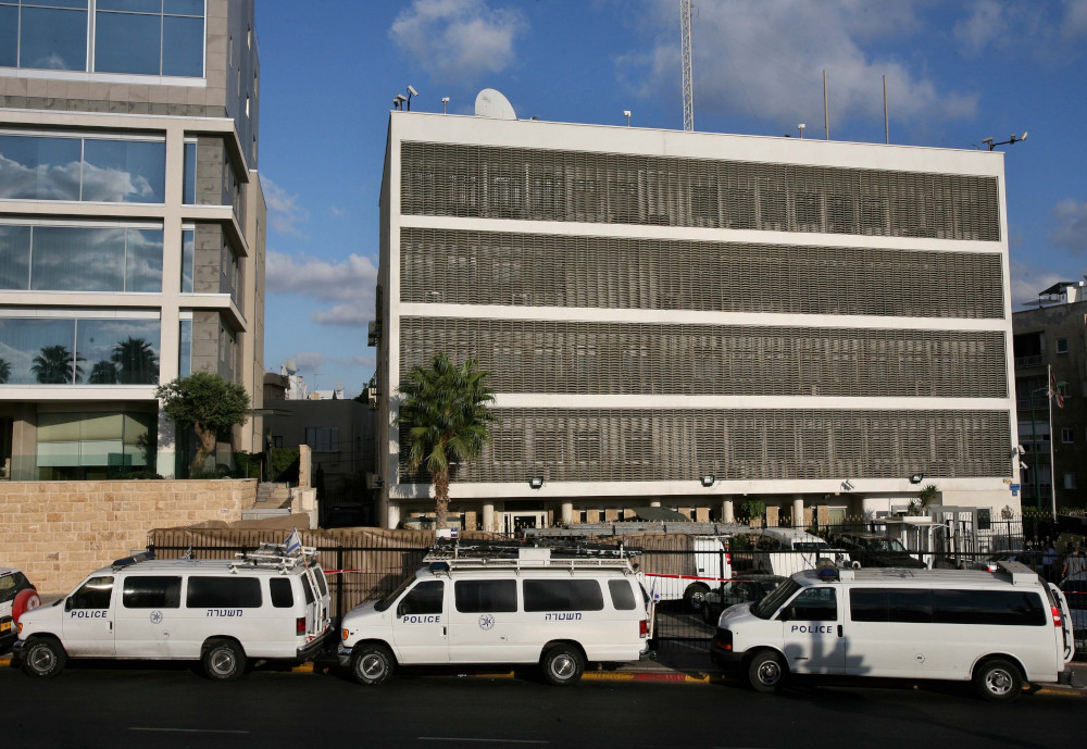  Israeli police vans parked in front of the British Embassy to Israel in Tel Aviv