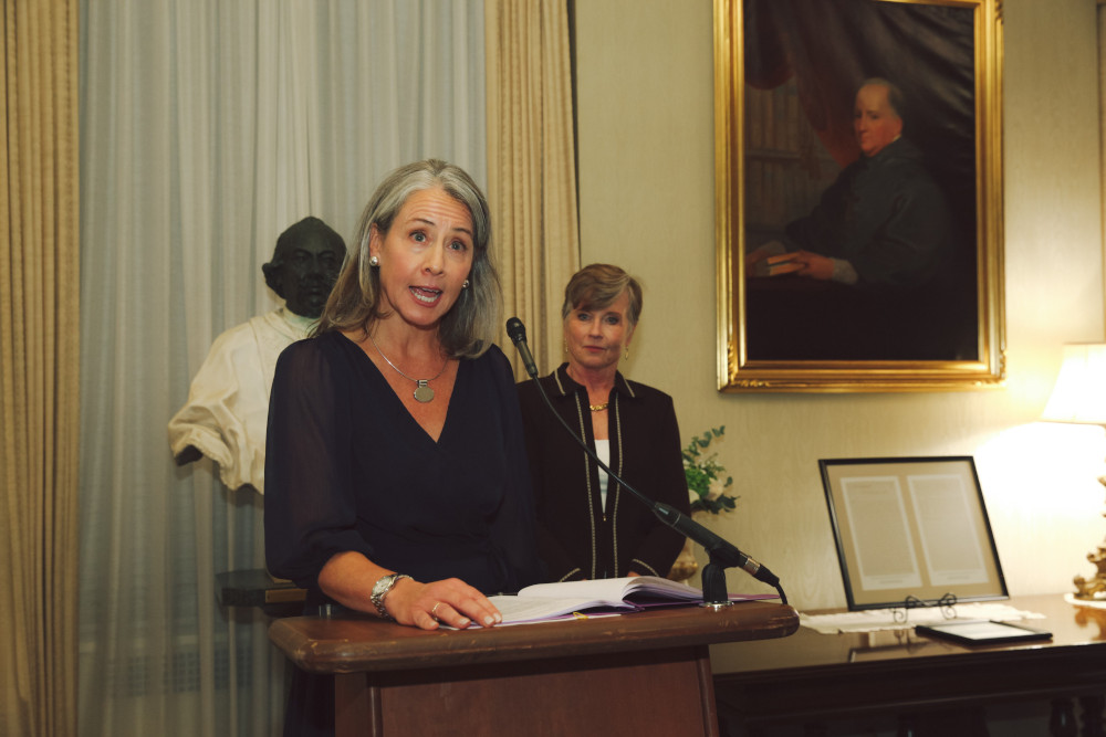 Krisanne Vaillancourt Murphy, executive director of the Catholic Mobilizing Network, speaks at the Vatican Embassy in Washington Oct. 10, 2022, during an awards ceremony on the World Day Against the Death Penalty.