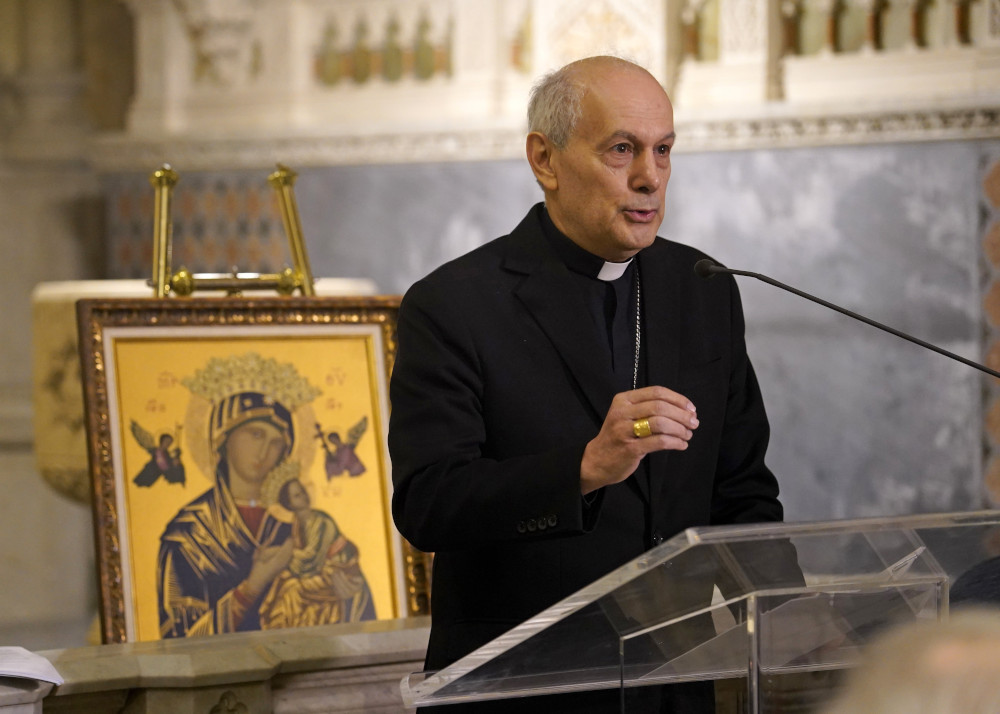 Archbishop Gabriele Caccia, the Vatican's permanent observer to the United Nations, speaks during a news conference addressing the state of affairs in war-ravaged Ukraine March 24, 2022, at St. Patrick's Cathedral in New York City