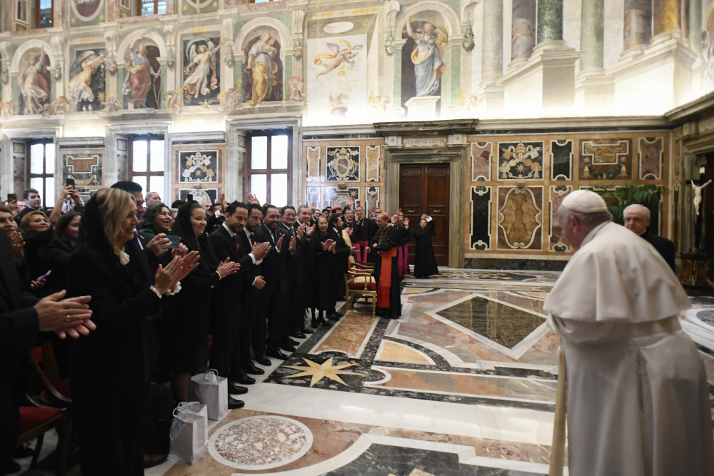 Pope Francis leads a meeting with faithful from El Salvador offering thanks for the beatification of Father Rutilio Grande, in the Clementine Hall in the Apostolic Palace at the Vatican Oct. 14, 2022