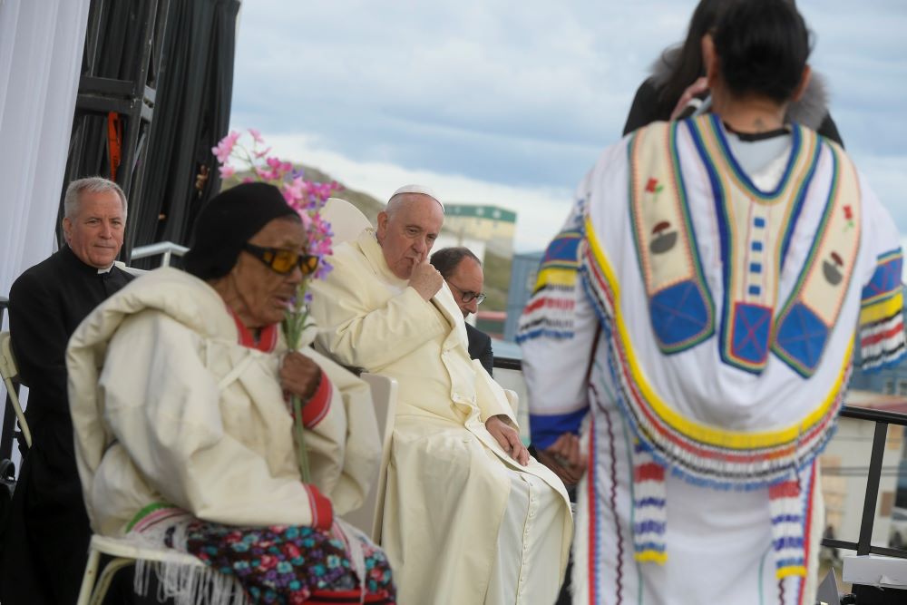 Pope Francis leads a meeting with young people and elders in Iqaluit in the Canadian territory of Nunavut July 29, 2022.