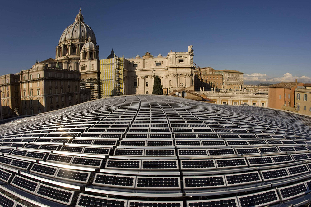 Solar panels are seen from the roof of the Paul VI audience hall at the Vatican Nov. 26, 2008. (CNS/Reuters/Tony Gentile)
