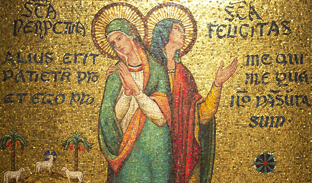A mosaic of martyrs Sts. Perpetua and Felicity adorns a chapel wall in the Basilica of the National Shrine of the Immaculate Conception in Washington, D.C. (CNS/Chaz Muth)