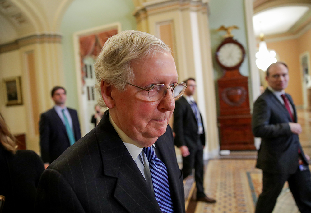 U.S. Senate Majority Leader Mitch McConnell, R-Ky., departs following the acquittal of U.S. President Donald Trump Feb. 5, 2020, in the Senate impeachment trial on Capitol Hill in Washington. (CNS/Reuters/Jonathan Ernst)