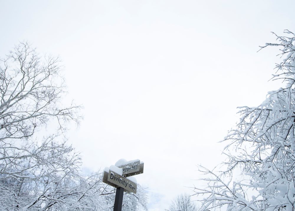 A street sign is seen on the campus of The Catholic University of America after a snow storm in Washington Jan. 3, 2022. (CNS/Tyler Orsburn)