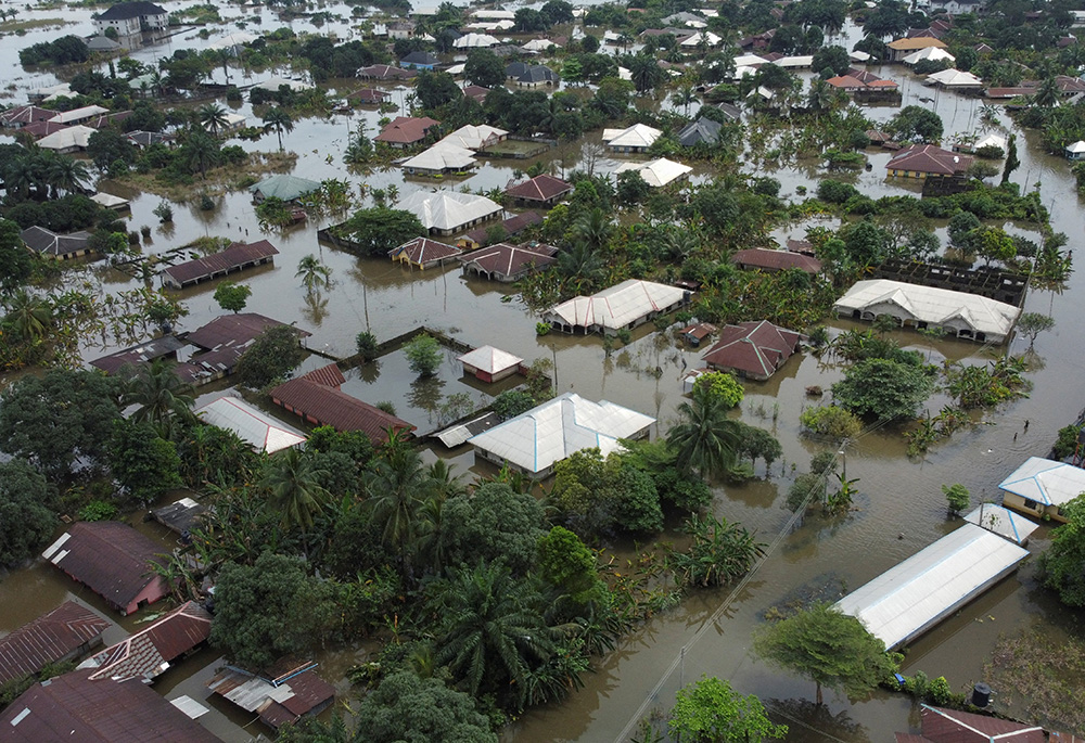 This is an aerial view of the flooded community Oct. 22, 2022, in Ahoada, Nigeria. (CNS/Reuters/Temilade Adelaja)