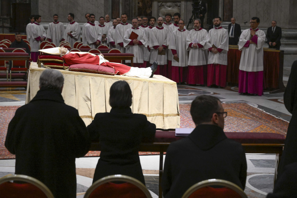 The body of Pope Benedict XVI lies in St. Peter's Basilica during a Rite of Reception in the early morning at the Vatican Jan. 2, 2023. (CNS photo/Vatican Media)