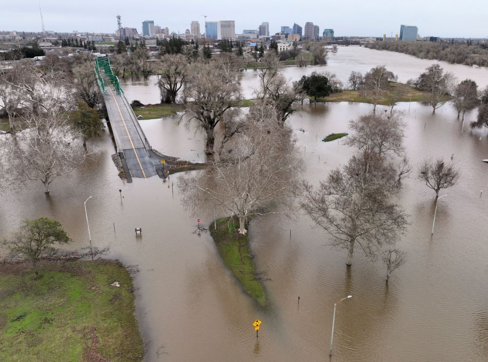 This is a view of flooding from the rainstorm-swollen Sacramento and American rivers near downtown Sacramento, Calif., Jan. 11, 2023.