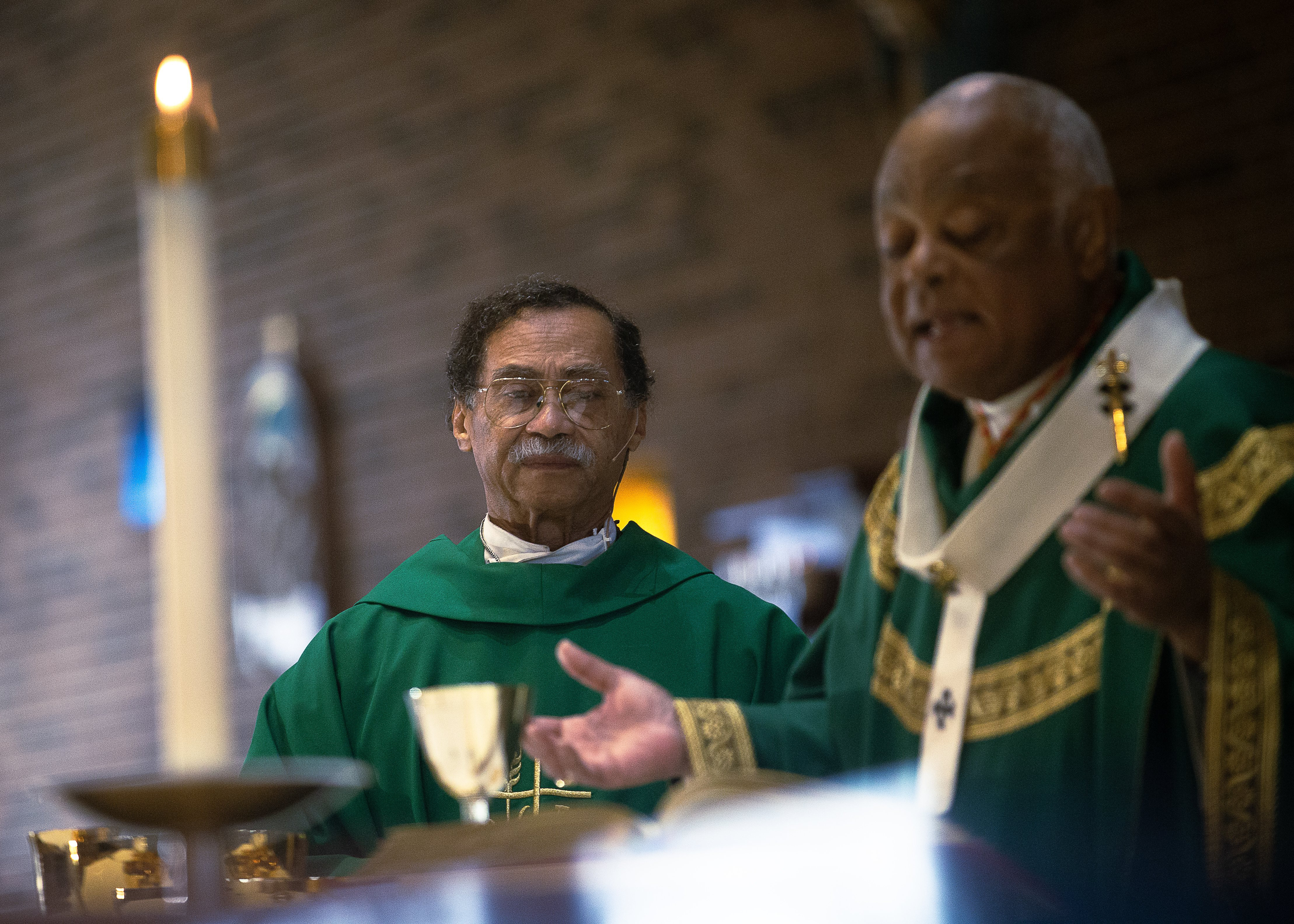 Washington Cardinal Wilton Gregory celebrates the annual Mass commemorating the legacy of the Rev. Martin Luther King Jr. on Jan. 15, 2023 at St. Joseph Church in Upper Marlboro, Maryland. At left is Washington Auxiliary Bishop Roy Campbell Jr., the pastor of St. Joseph's who concelebrated the Mass sponsored by the Office of Cultural Diversity of the archdiocese. (OSV News photo/Tyler Orsburn, Catholic Standard)