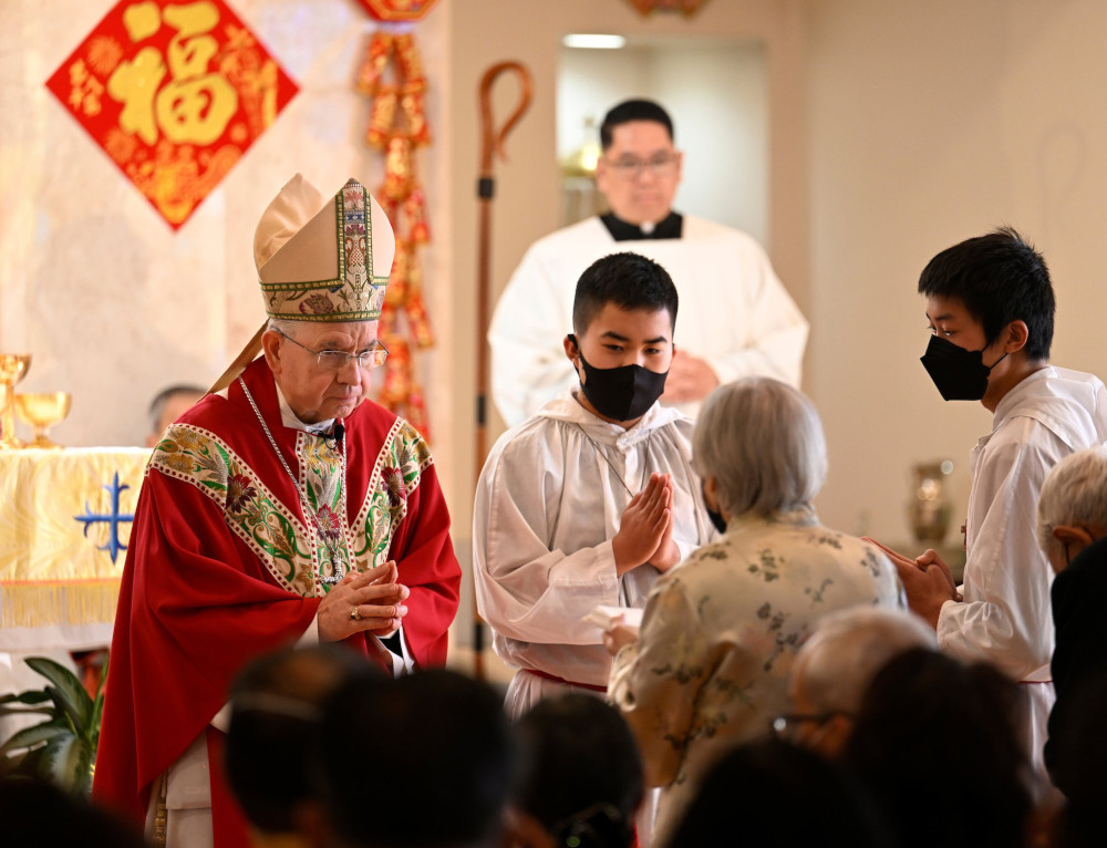Archbishop José Gomez of Los Angeles celebrates Mass for the Lunar New Year at St. Bridget's ChineseCatholic Church near downtown Jan. 22, 2023. (OSV News photo/John McCoy, Angelus News)