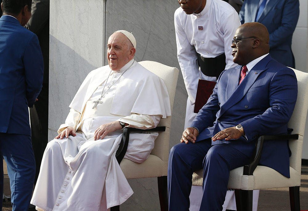 Pope Francis and Congolese President Félix Antoine Tshisekedi Tshilombo attend a welcome ceremony at the Palais de la Nation Jan. 31 in Kinshasa, Congo. (CNS/Paul Haring)