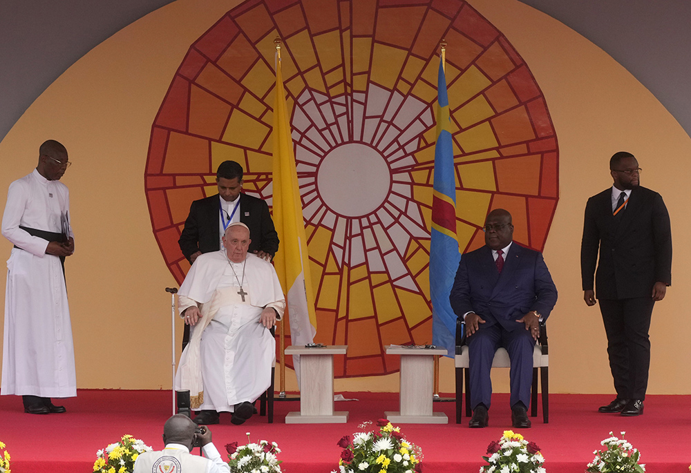 Pope Francis, left, meets authorities, civil society and diplomatic corps in the garden of the Palais de la Nation with President of the Democratic Republic of the Congo Félix-Antoine Tshisekedi Tshilombo, Jan. 31 in Kinshasa, Democratic Republic of the Congo. (AP photo/Gregorio Borgia)