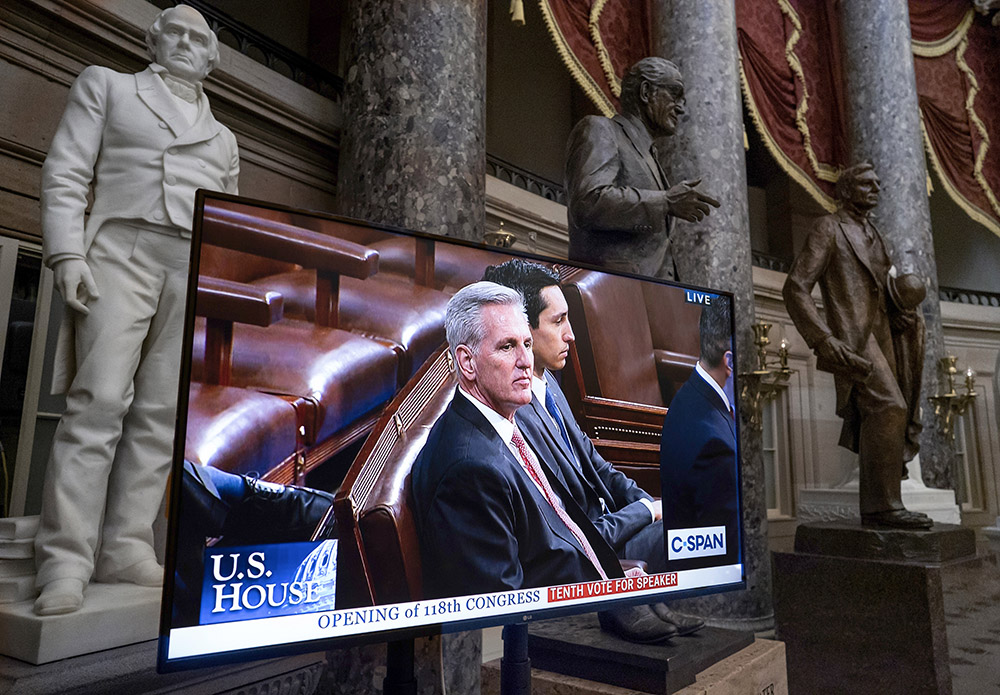 A monitor in Statuary Hall displays Rep. Kevin McCarthy, R-California, as he sits in the House chamber at the start of a 10th ballot to elect a speaker at the Capitol in Washington Jan. 5. (AP/J. Scott Applewhite)