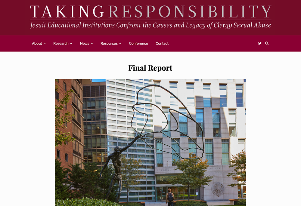 A screenshot displays the website for Fordham's "Taking Responsibility: Jesuit Educational Institutions Confront the Causes and Legacy of Clergy Sexual Abuse" project. A report released Jan. 26 summarizes the findings of 18 research projects to better understand clergy abuse. (NCR/takingresponsibility.ace.fordham.edu)