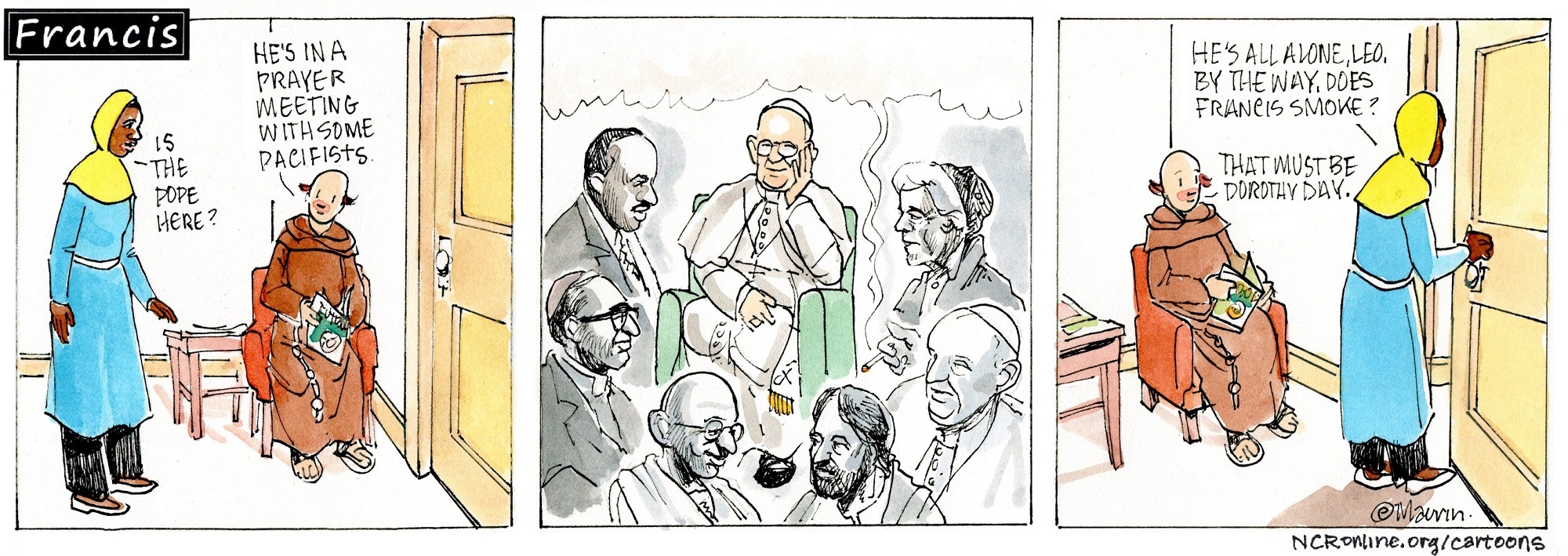 Francis, the comic strip: Francis has a prayer meeting with some pacifists.