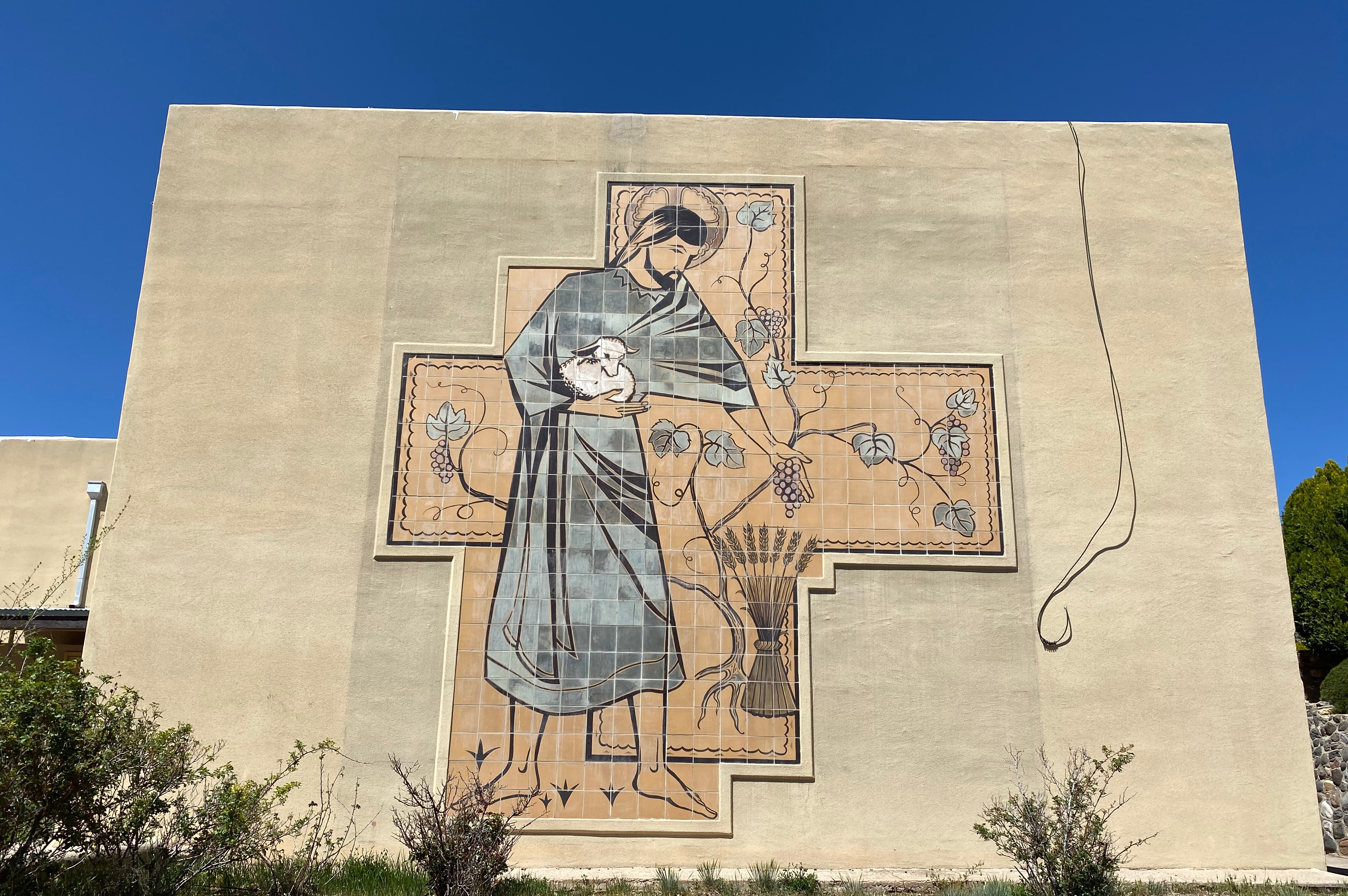 A mural decorates a building once part of the now defunct clergy treatment center operated by the Servants of the Paraclete in Jemez Springs, New Mexico.