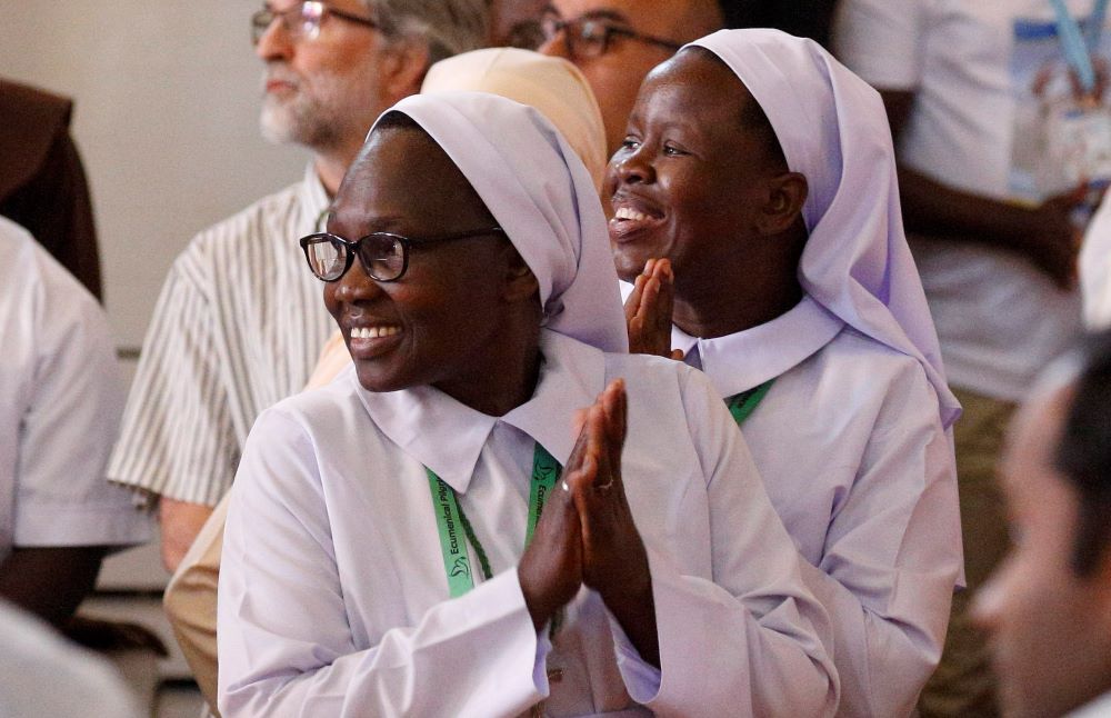 Nuns react as Pope Francis arrives for a meeting with bishops, priests, religious and seminarians in St. Theresa Cathedral in Juba, South Sudan, Feb. 4. (CNS/Paul Haring)